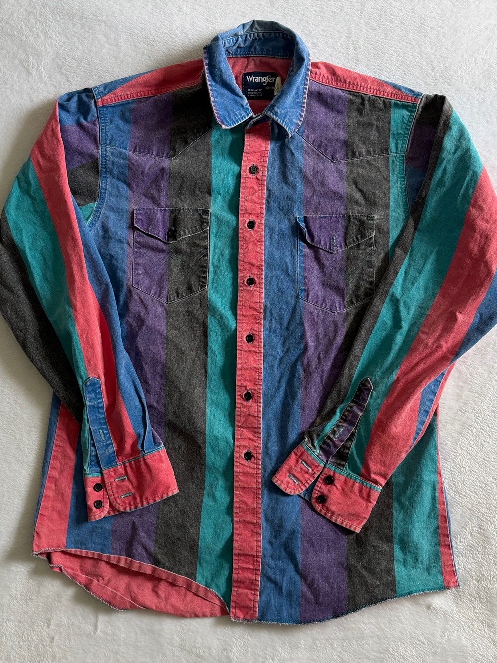 Vintage Wrangler Brushpopper Shirt Men 16.5-36
X Long Tails Striped 90s USA Made